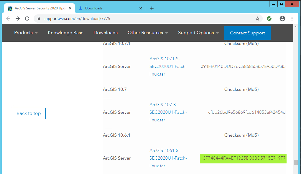 Screen shot of support site displaying Linux 1061 md5 hash file.