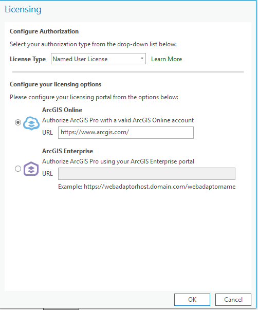 configure license ArcGIS Pro dialog box