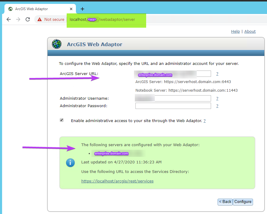 Screen shot of Server web adaptor configuration form