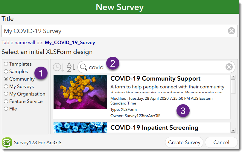 Community samples in Survey123 Connect