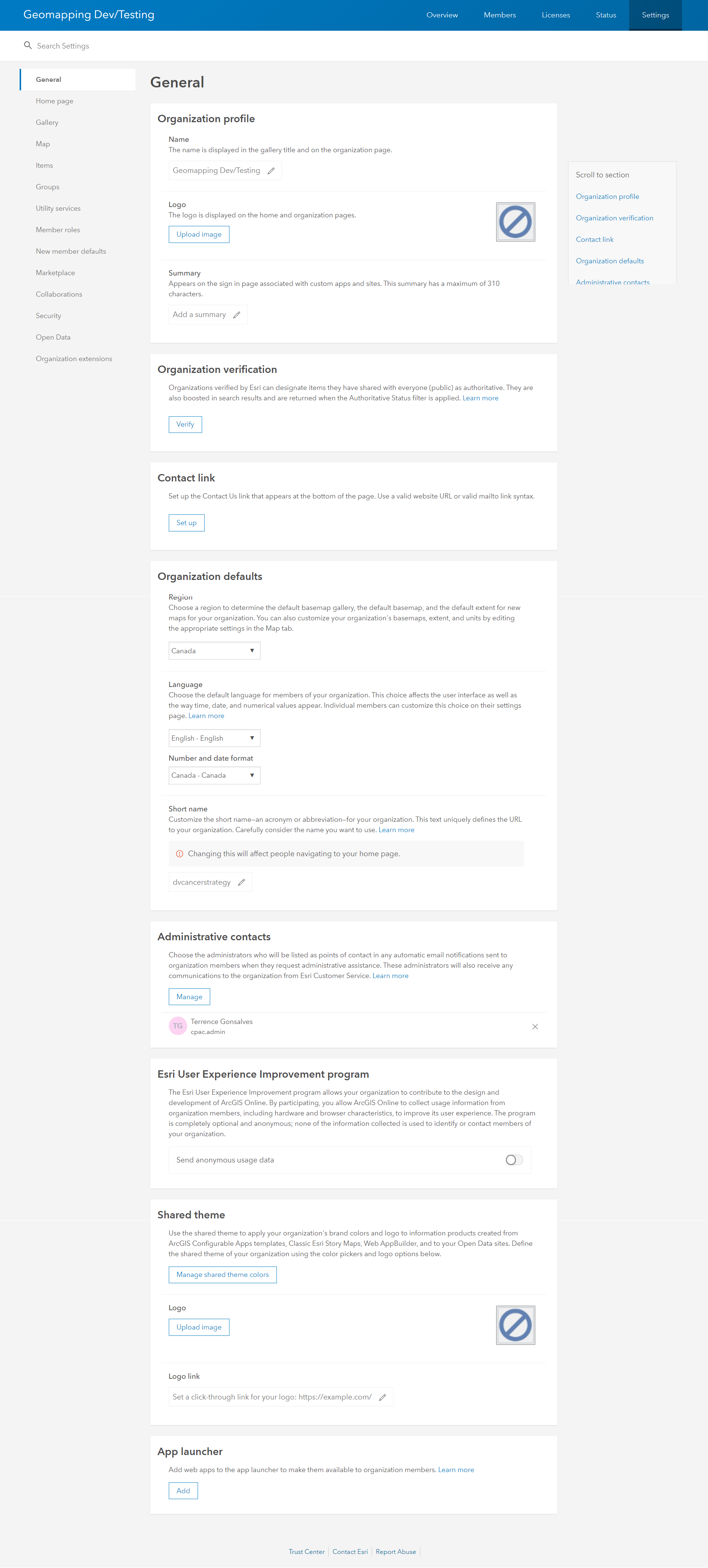 ArcGIS Online General Setting Tab