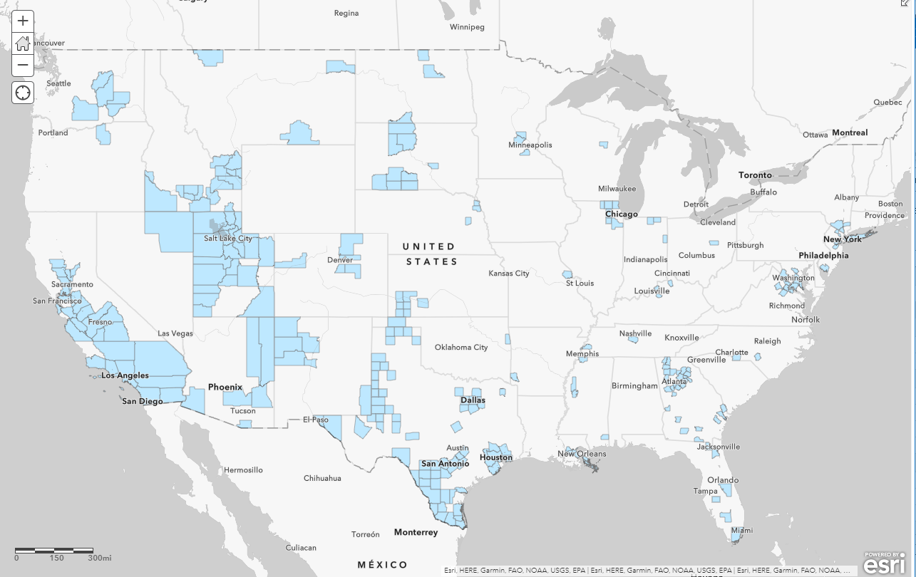 Census map of counties with at least 2.75 people per household.