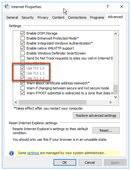 Windows Internet Properties Advanced settings with all Use TLS options checked