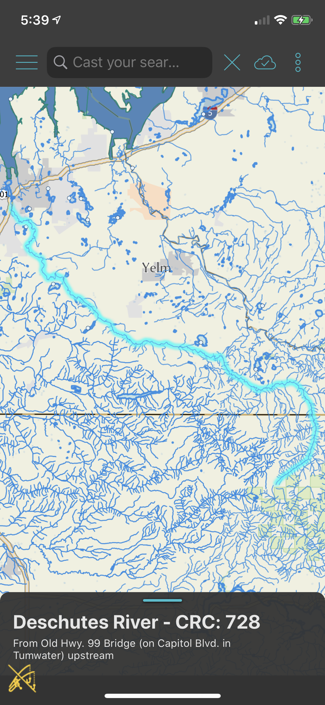 Deschutes River selected in the app. Note, the location of the town of Yelm and other features for reference.