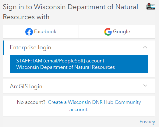 Dialog box showing Facebook, Google, Enterprise and ArcGIS login options