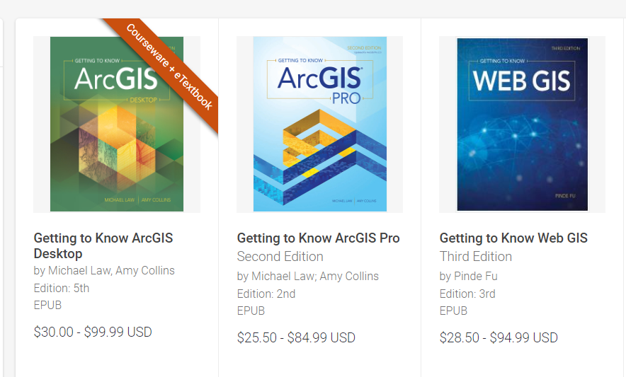 Esri Press books in a VitalSource search. The first book is clearly identified as having courseware included.