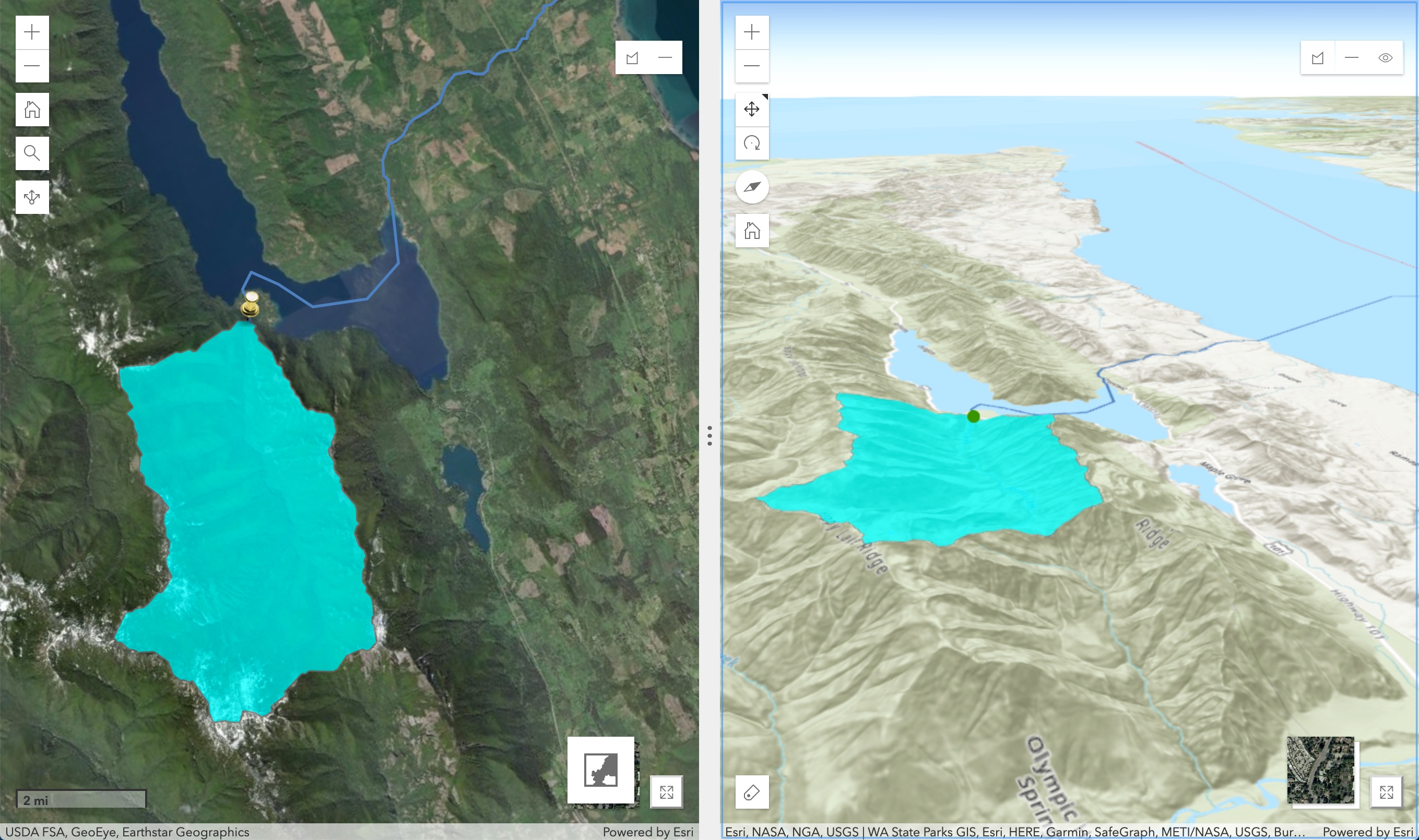 Compare App 2D+3D views of a watershed