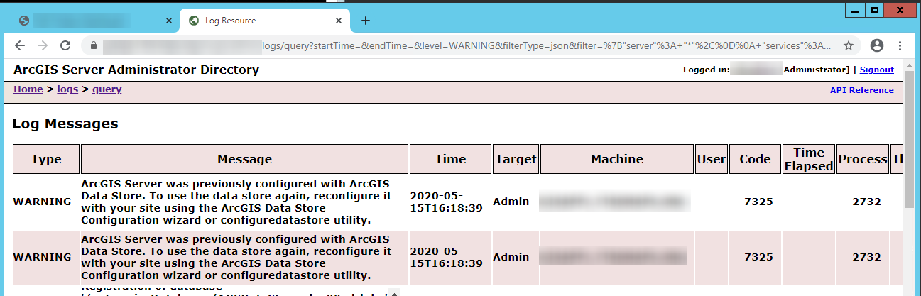 Screen shot of ArcGIS Manager log