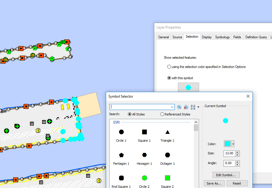 ArcMap allows for full modification of the Selection "Size"