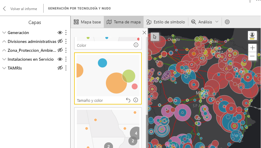 The view from the ArcGIS for Power BI editor, displaying size and color theme.