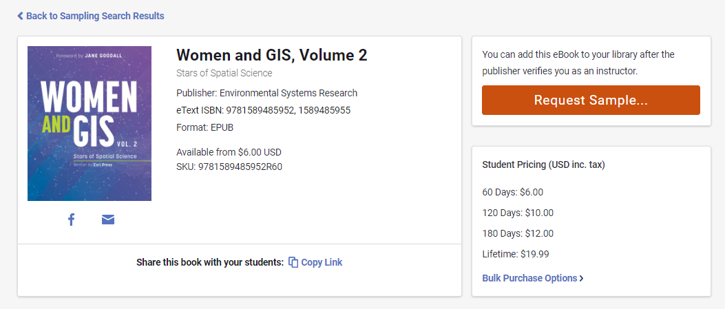 A screenshot of Women and GIS, volume 2 in VitalSource. There is an orange button saying Request Sample on the right side.
