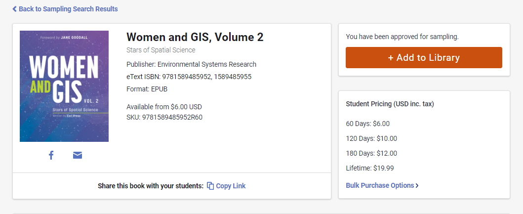 A screenshot of Women and GIS, volume 2 in VitalSource. There is an orange button saying Add to Library on the right side.