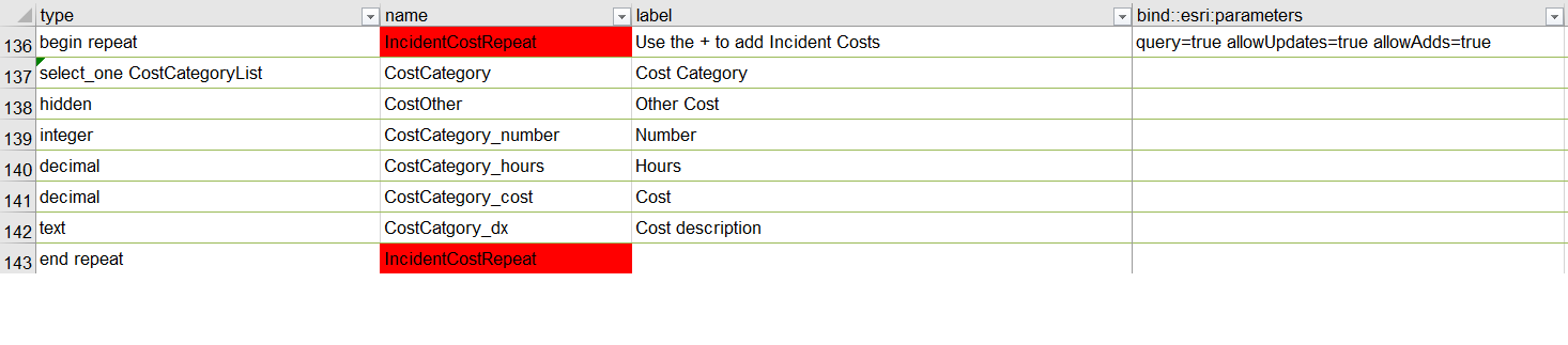 esri:parameters configuration for inbox queries, updates, and additions of repeat records