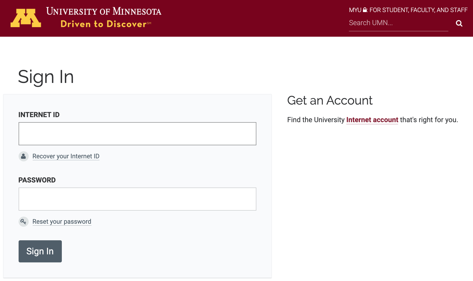 View of generic University of Minnesota identity provider login screen without information about the service being logged in to