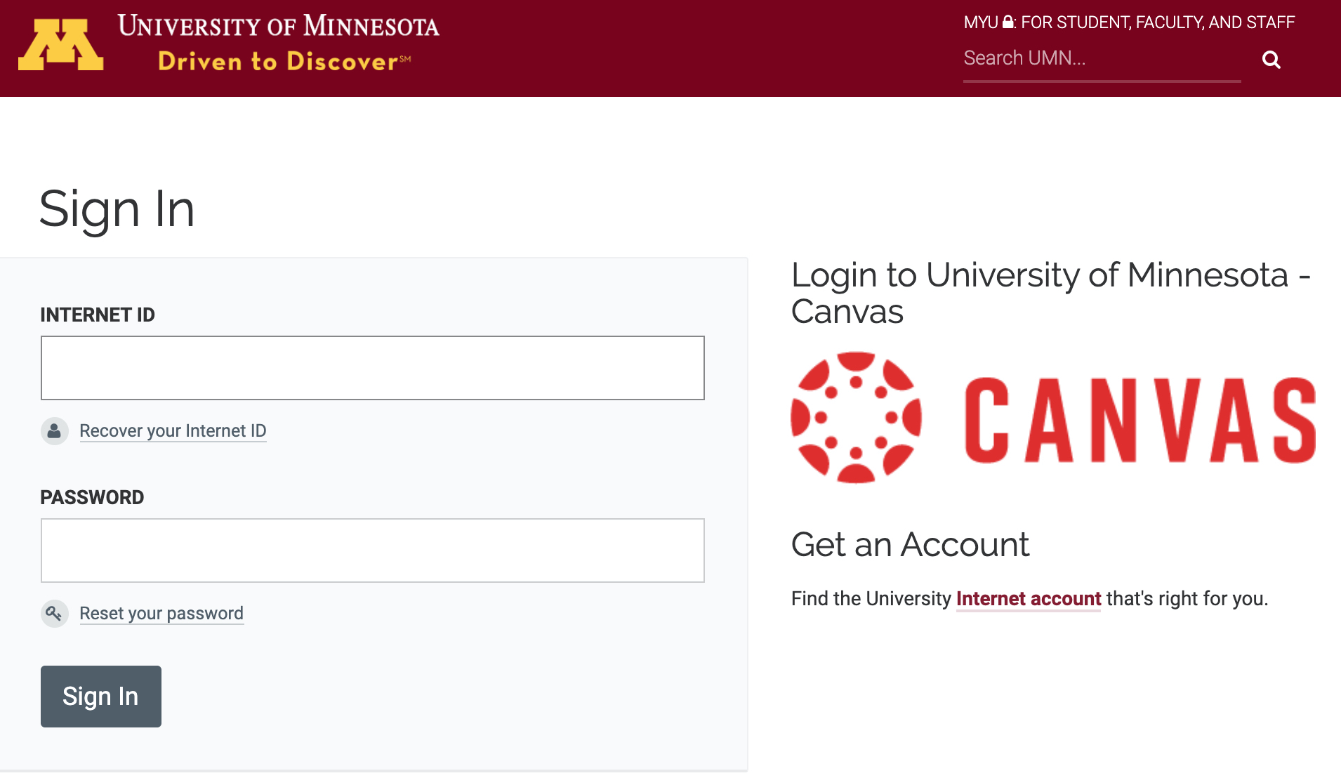 View of University of Minnesota identity provider login screen with information about the service the user is attempting to log in to, in this case the Canvas Learning Management System