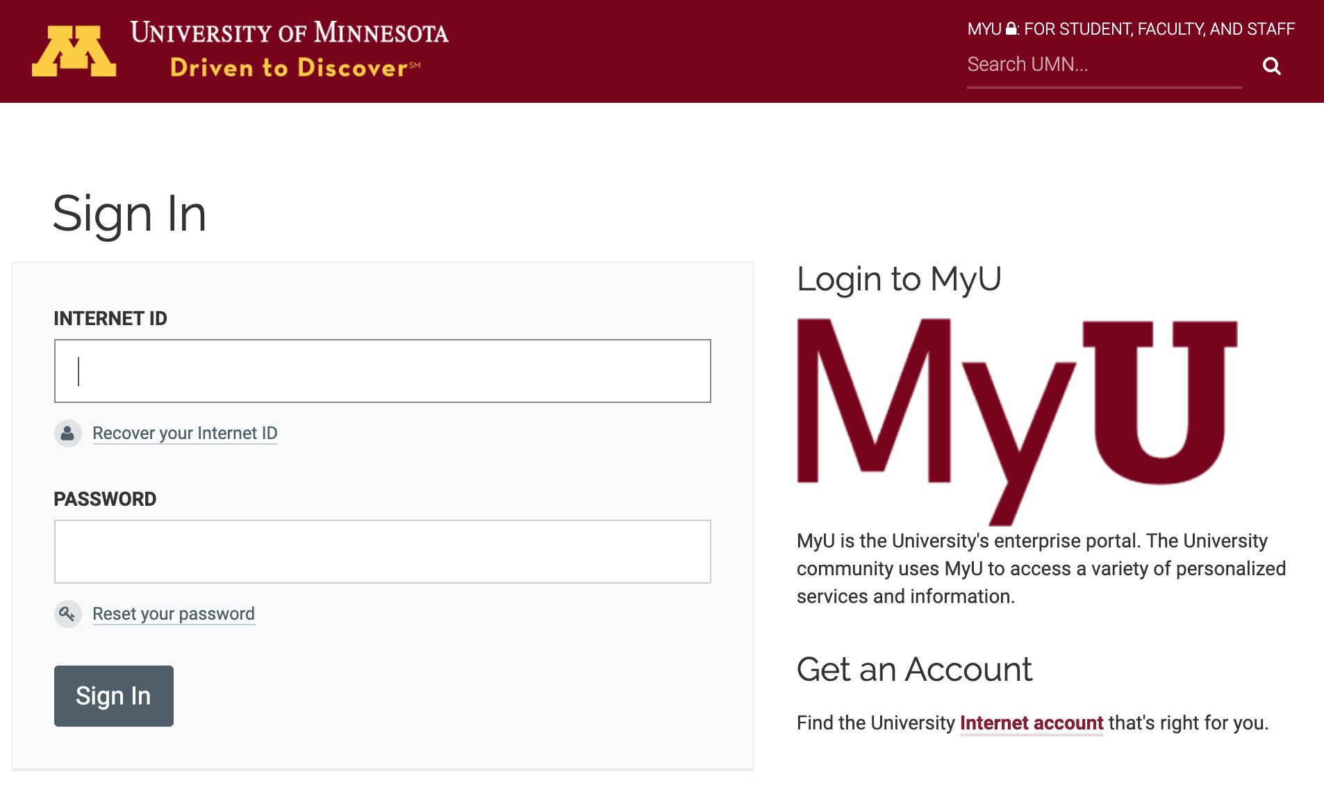 View of University of Minnesota identity provider login screen with information about the service the user is attempting to log in to, in this case the University of Minnesota enterprise portal