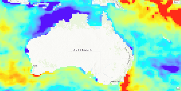 Map of water bodies surrounding Australia highlighting where water temperatures suggest areas are more likely to experience bleaching events in which the coral reefs die.