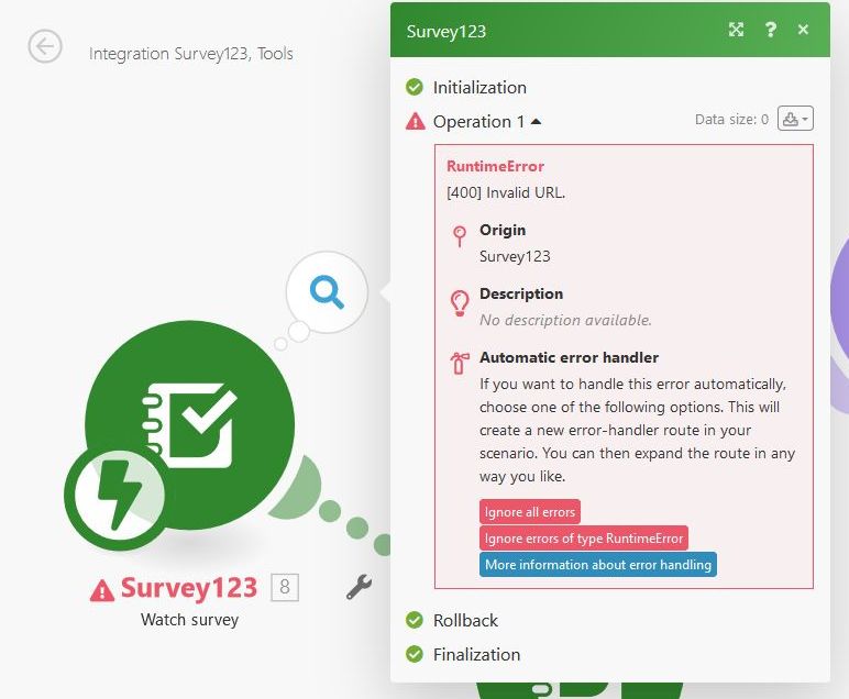 Integromat scenario and error message