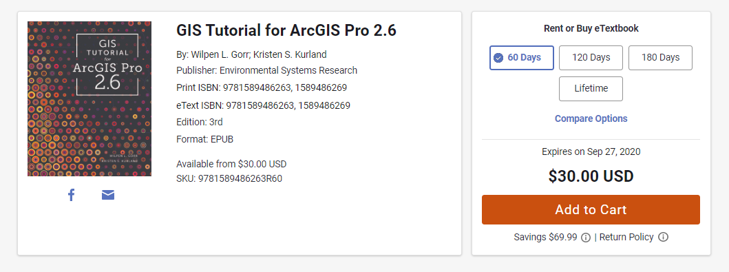 A screenshot of GIS Tutorial for ArcGIS Pro 2.6. The right side of the image shows three rentals pricing options and a lifetime purchase option.