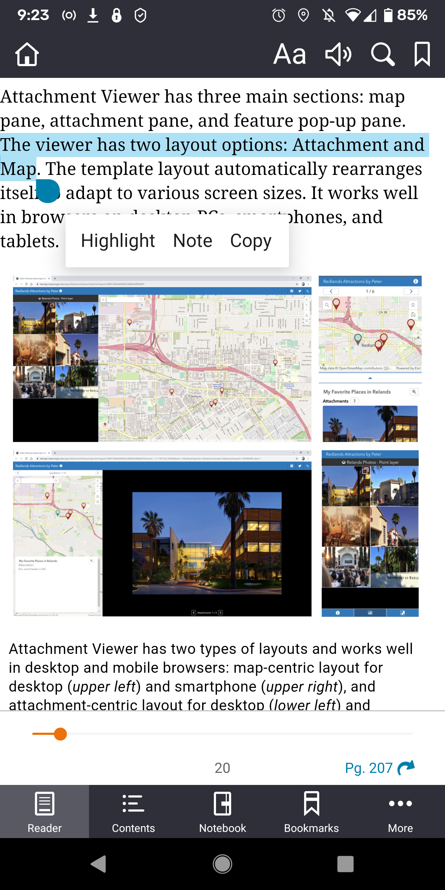 A mobile screenshot of Bookshelf using an Esri Press book. Highlighting can be seen, and notes can be added if desired..