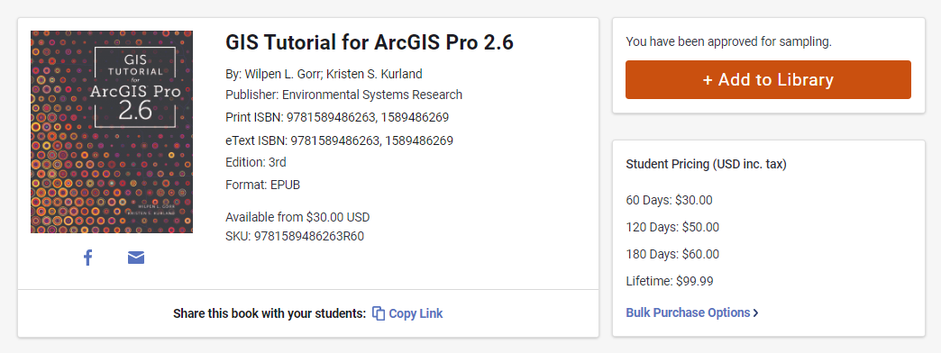 A screenshot of GIS Tutorial for ArcGIS Pro 2.6. In the sampling portal, rental pricing is displayed on the right side under the button for adding the book to your library.