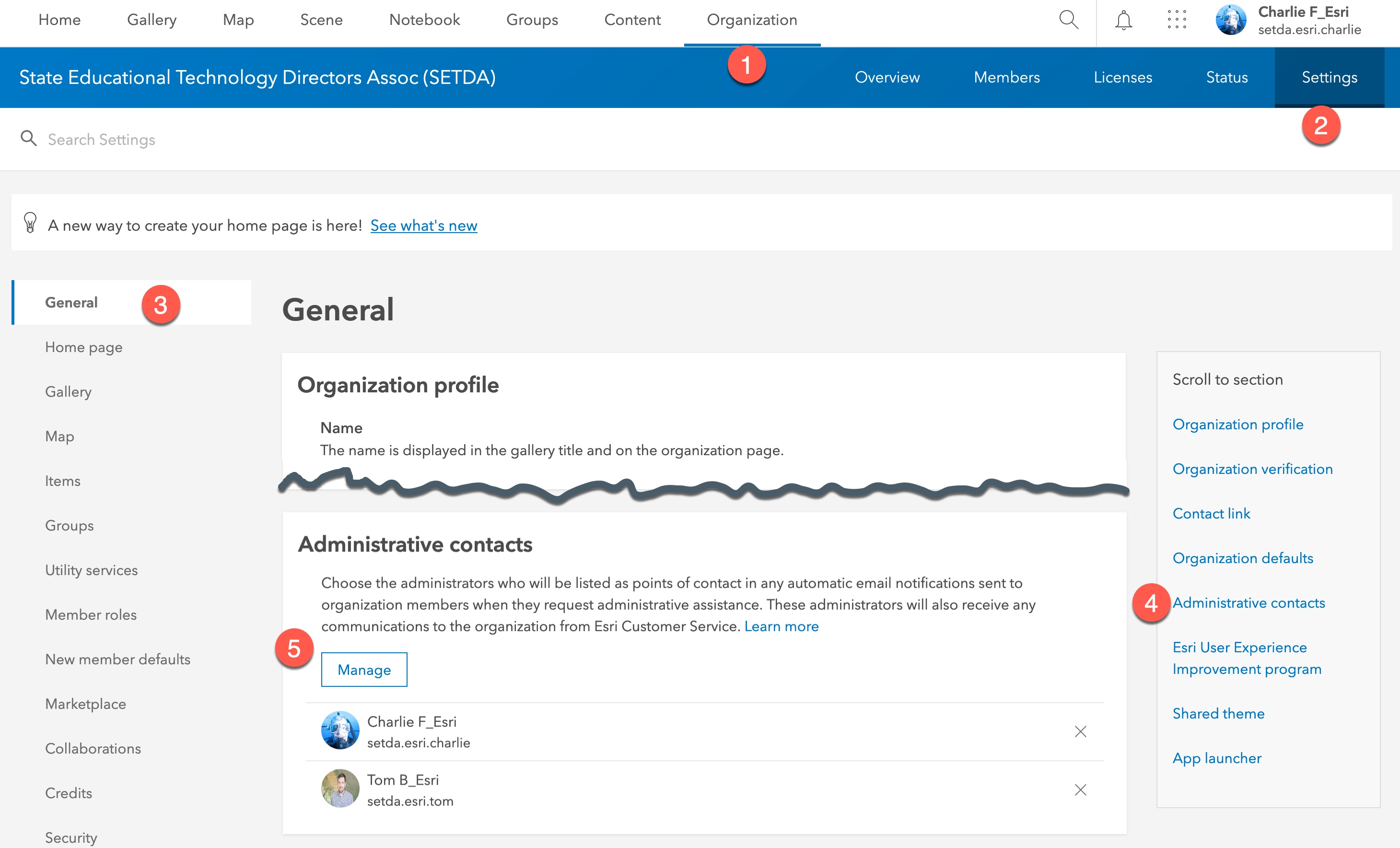 Org administration page