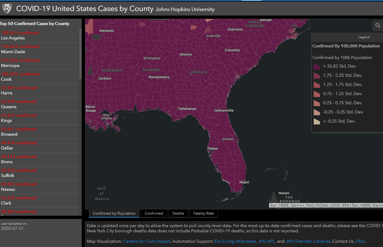 Johns Hopkins Corona cases by county map