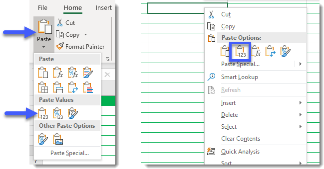 Paste values in an Excel worksheet