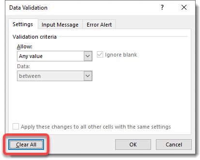 Clear data validation in Excel