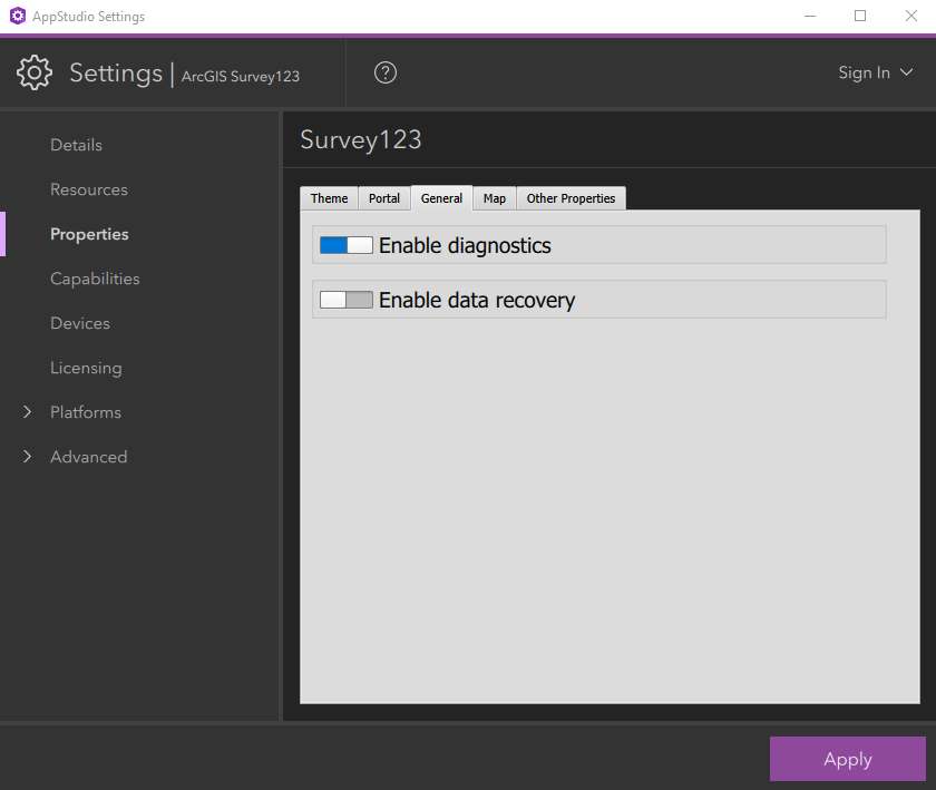 AppStudio Survey123 Properties