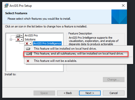 ArcGIS Pro Intelligence options in ArcGIS Pro 2.6 install dialog.