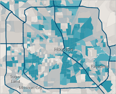 In this map of Houston, census tracts with a higher-than-average percentage of households without a vehicle stand out in blue. 