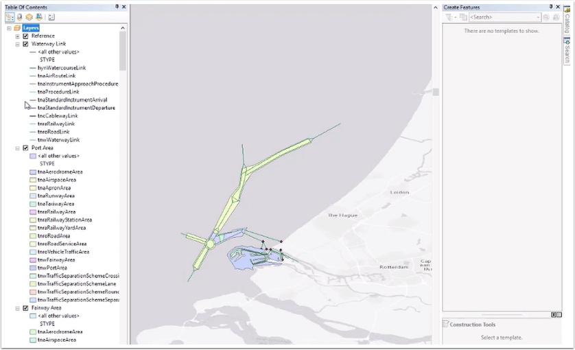 Transportation Network INSPIRE data theme displayed in ArcMap