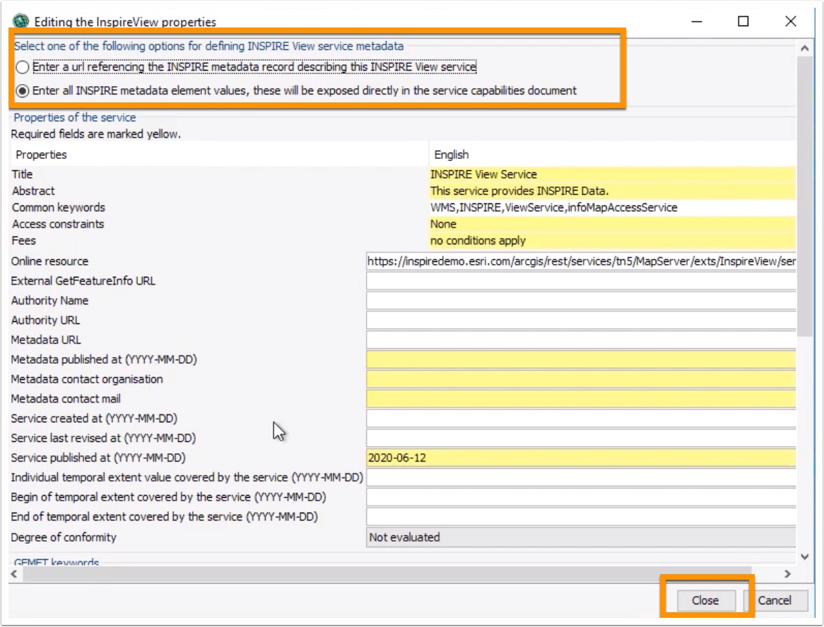 Edit the View Service Properties in ArcGIS for INSPIRE