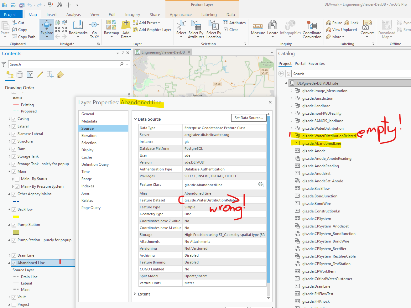 Pro map with layer source reflecting a feature dataset that the feature class is no longer in.