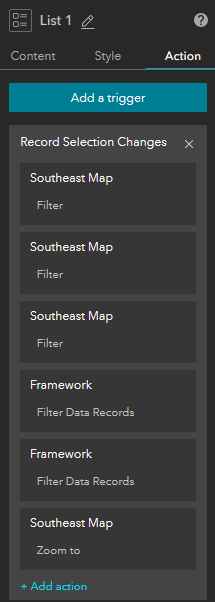 List widget triggers set to filter the framework to locations and boat launches (two point layers) by area.