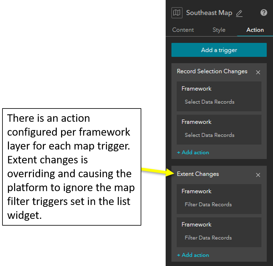 Map widget triggers, set to select from the framework when the map record selection changes, and filter framework based on extent.