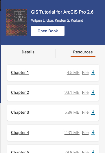 A screenshot of the instructor resources available for the GIS Tutorial for ArcGIS Pro 2.6 book, separated by chapter.