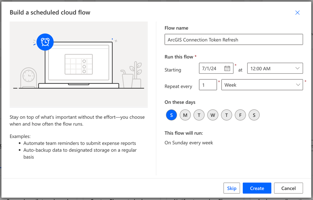 Setting up a scheduled flow that will run once a week.