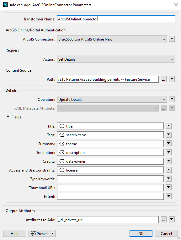 Set metadata details with ArcGISOnlineConnector