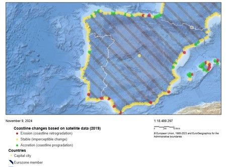 Coastline Changes based on satellite data (2019), in the Iberian Peninsula, by European Atlas of the Seas