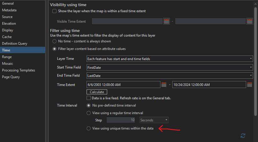ArcGIS Pro - Mosaic Dataset properties view from contents pane. Unique times within data is an option for the step interval