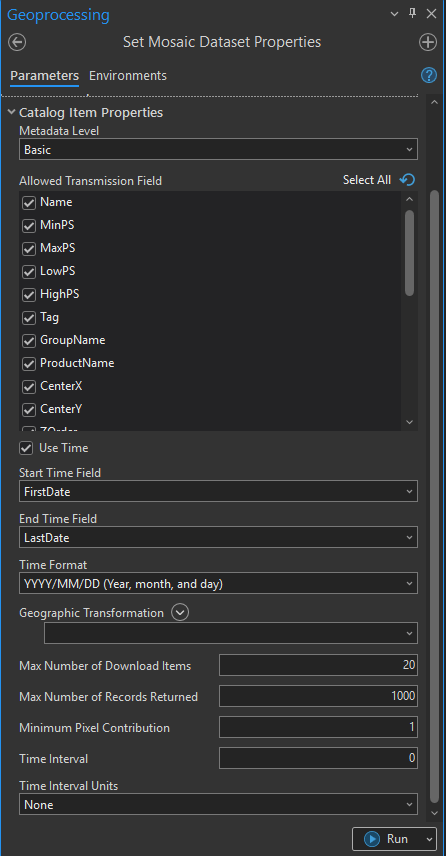 ArcGIS Pro - Set Mosaic Dataset Propeties tool showing no option to set up time interval based off unique values.