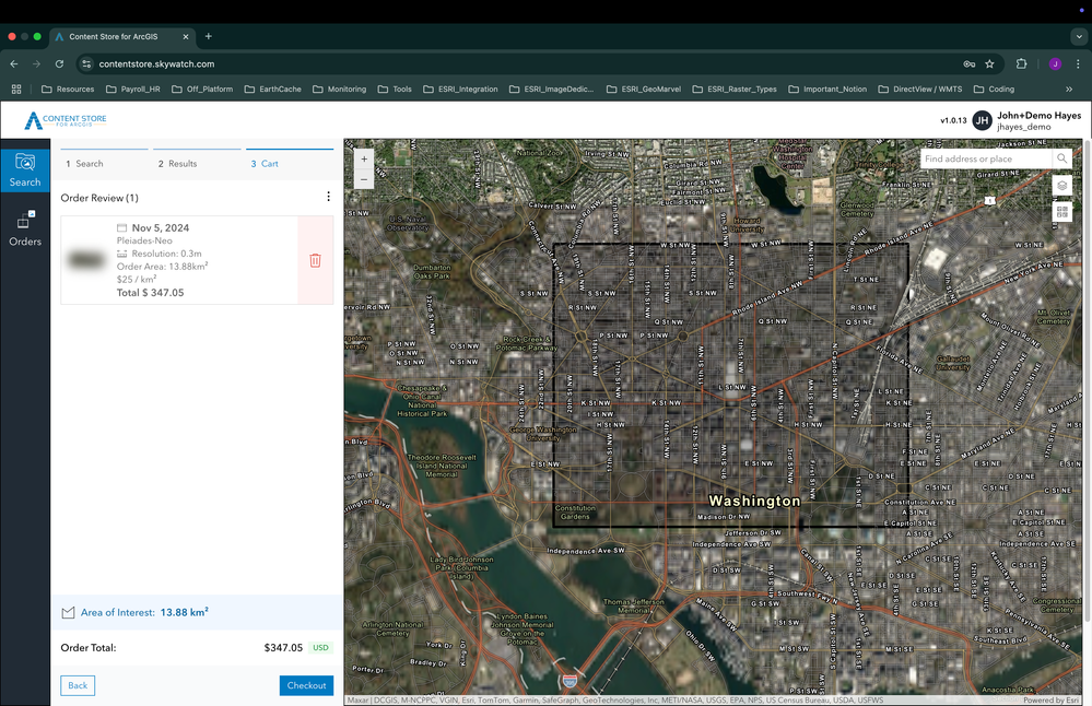 Content Store for ArcGIS allows you to easily preview and purchase images from leading providers, like this one from Maxar. Simply search for the image you want, choose it, and add it to your cart.