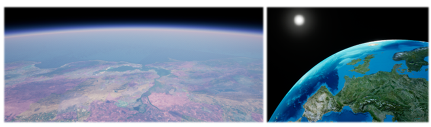 図 4. ArcGIS Maps SDKs for Game Enginesを使用した地球の図の表現。アメリカ合衆国の人口密度レイヤー（左）とArcGISイメージ ベースマップ（右）