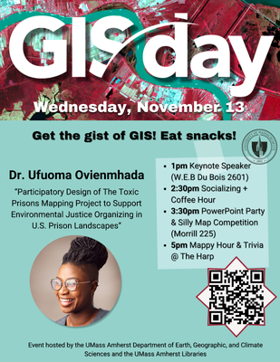 Img Description: Teal background with red aerial photo of a river with information for UMass GIS Day.