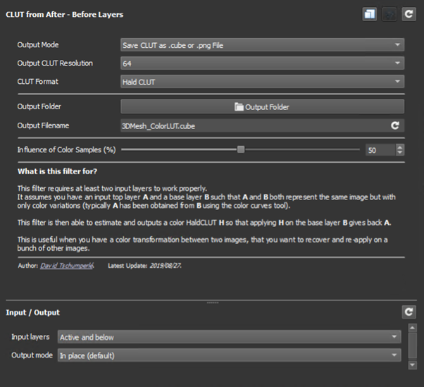 Options to generate a color LUT in the G'MIC-QT plugin
