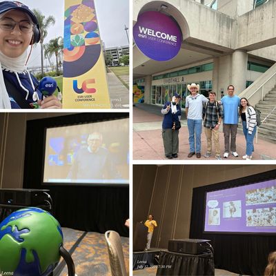 Clockwise from upper left: My first day exploring outside the San Diego Convention Center, First met up with some fellow early arrivers from the Student Assistant team, Dinner with the Student Assistants, where we listened to a message from Jack Dangermond, and inspired by Dawn Wright's talk about her journey.