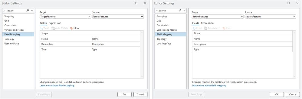 Auto-Matching results.  On left, all fields are matched.  On right, no fields are matched.