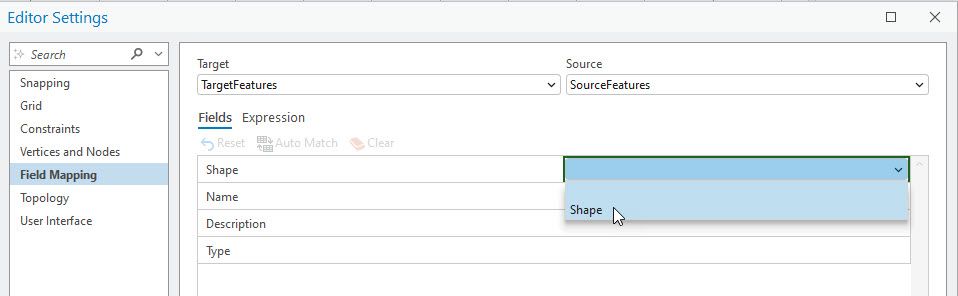 To transfer geometries, match the Shape field